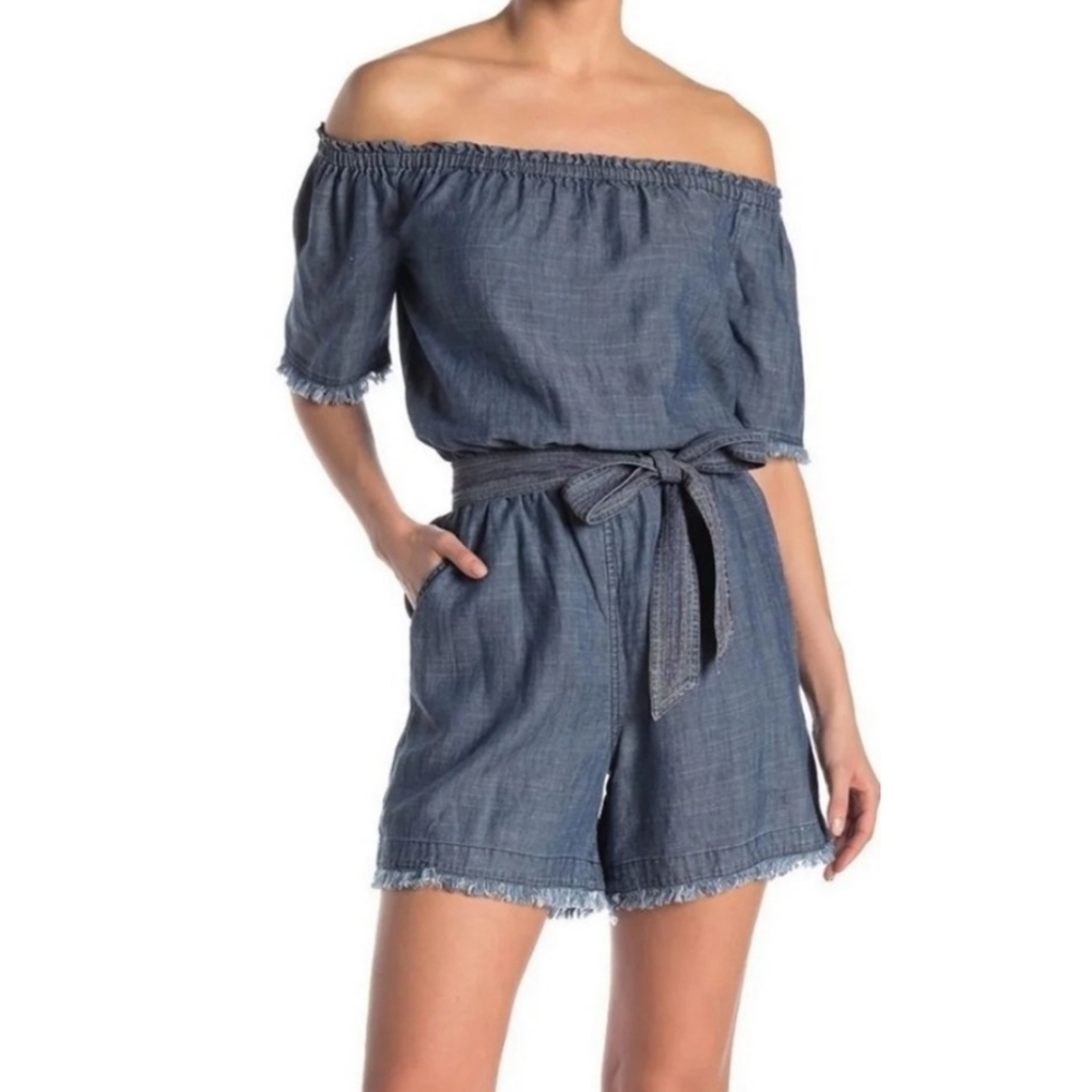 Trina Turk The Keys off the shoulder linen blend Chambray  Romper Blue Size XS - Picture 3 of 12